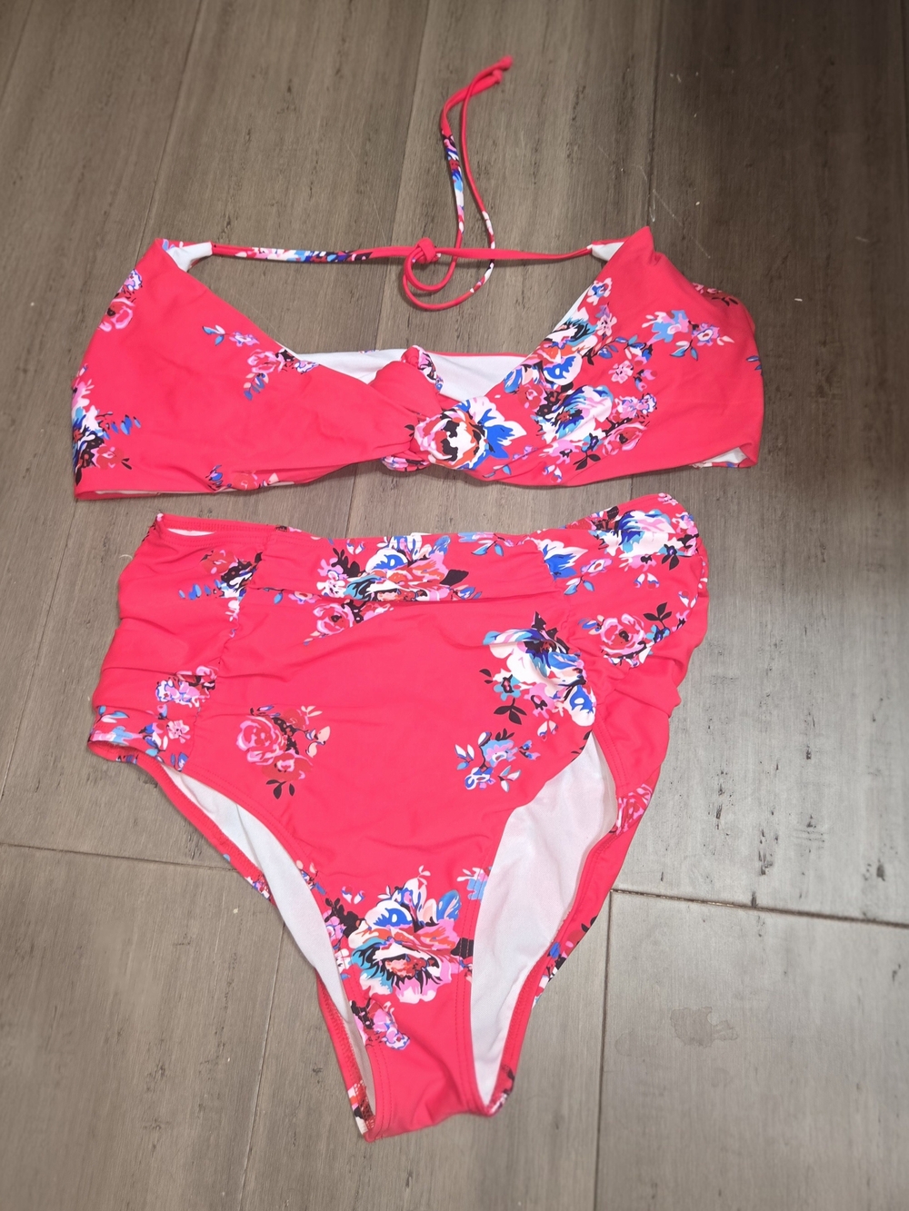 COCOSHIP Bright Pink Floral High-Waist Bikini Set